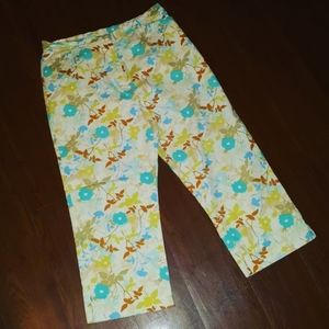 Floral Cropped Pants in Aqua and Yellow - Women's Summer Pants